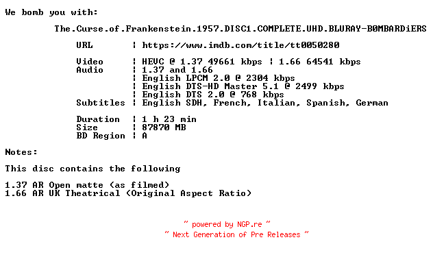 NFO for the release The.Curse.of.Frankenstein.1957.DISC1.COMPLETE.UHD.BLURAY-B0MBARDiERS by B0MBARDiERS