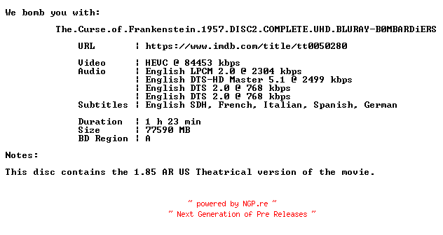 NFO for the release The.Curse.of.Frankenstein.1957.DISC2.COMPLETE.UHD.BLURAY-B0MBARDiERS by B0MBARDiERS