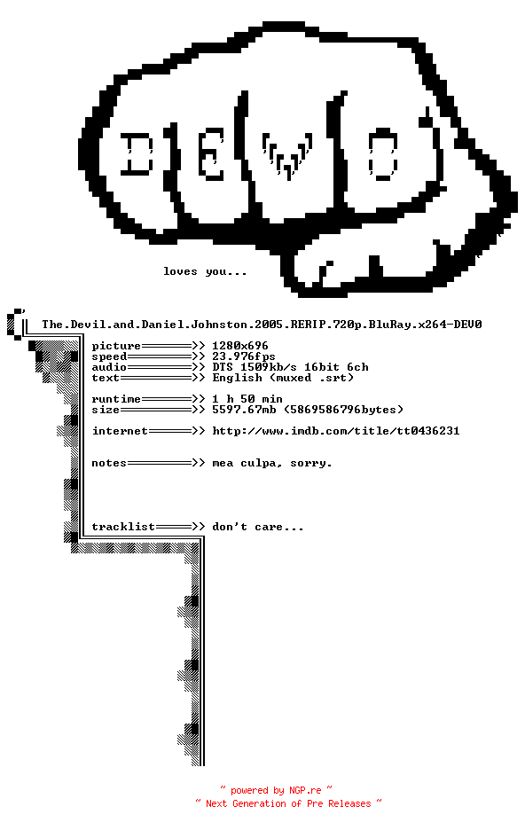 NFO for the release The.Devil.and.Daniel.Johnston.2005.RERIP.720p.BluRay.x264-DEV0 by DEV0