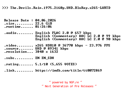 NFO for the release The.Devils.Rain.1975.2160p.UHD.BluRay.x265-LWRTD by LWRTD