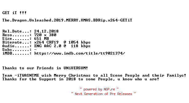 NFO for the release The.Dragon.Unleashed.2019.MERRY.XMAS.BDRip.x264-GETiT by GETiT