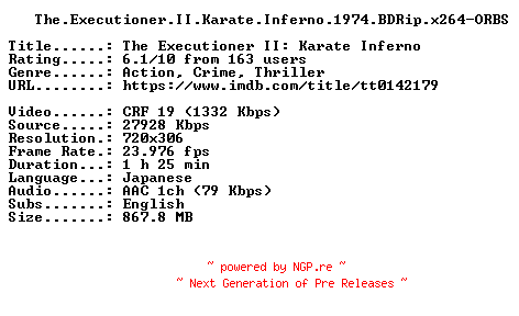 NFO for the release The.Executioner.II.Karate.Inferno.1974.BDRip.x264-ORBS by ORBS