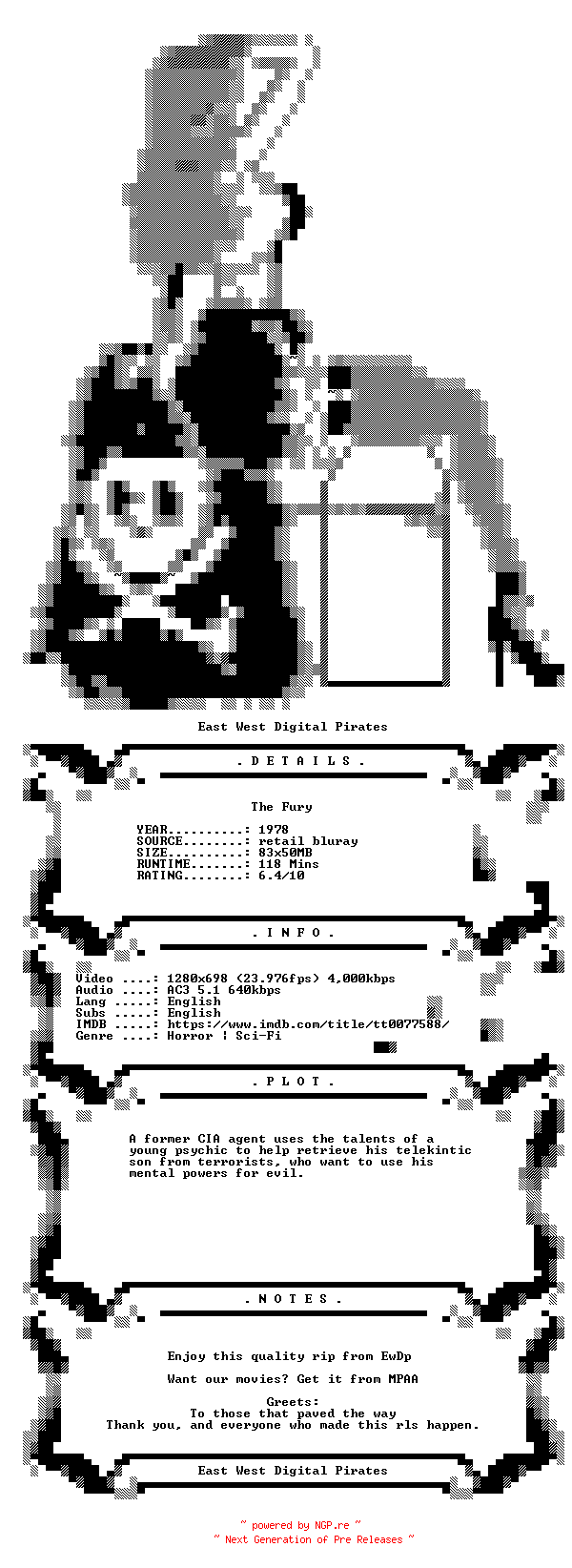 NFO for the release The.Fury.1978.iNTERNAL.720p.BluRay.x264-EwDp by EwDp