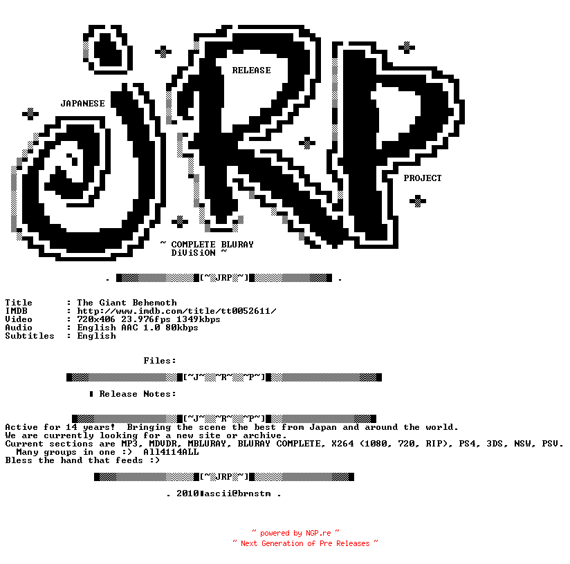 NFO for the release The.Giant.Behemoth.1959.iNTERNAL.BDRip.x264-JRP by JRP