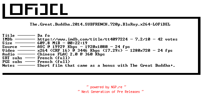 NFO for the release The.Great.Buddha.2014.SUBFRENCH.720p.BluRay.x264-LOFiDEL by LOFiDEL