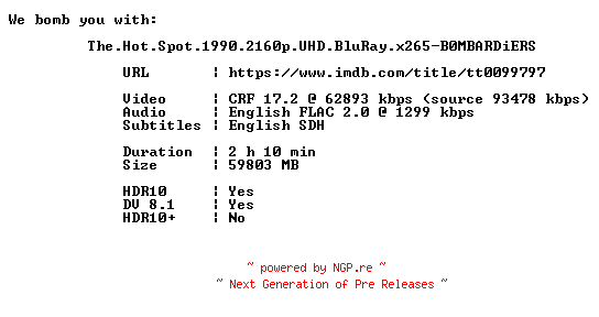 NFO for the release The.Hot.Spot.1990.2160p.UHD.BluRay.x265-B0MBARDiERS by B0MBARDiERS