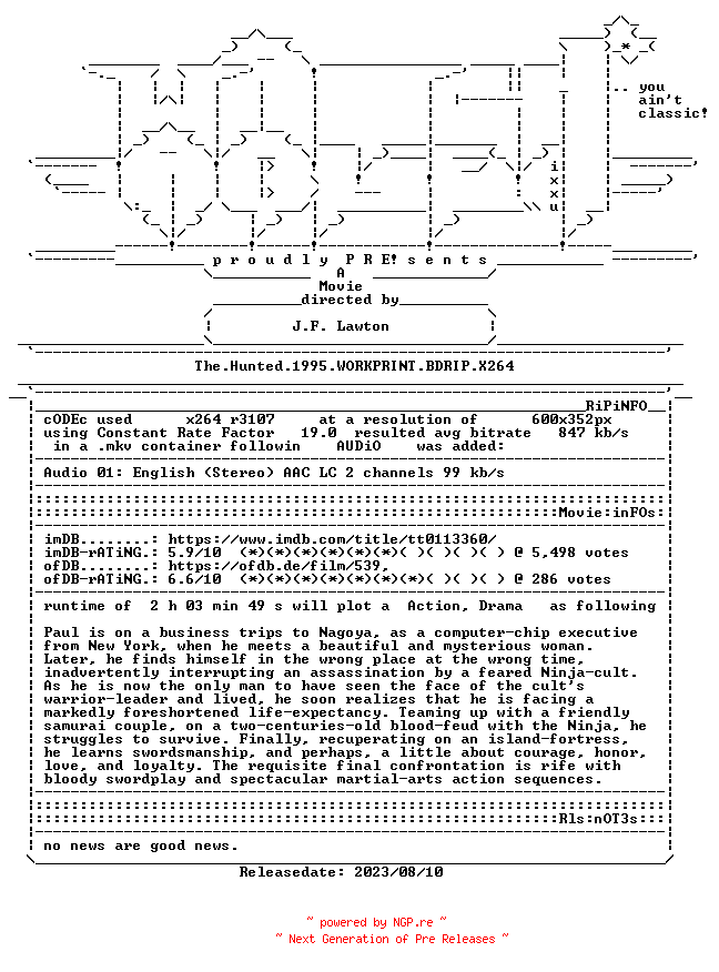 NFO for the release The.Hunted.1995.WORKPRINT.BDRIP.X264-WATCHABLE by WATCHABLE