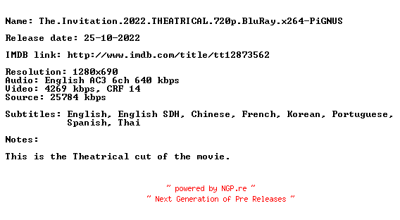 NFO for the release The.Invitation.2022.THEATRICAL.720p.BluRay.x264-PiGNUS by PiGNUS