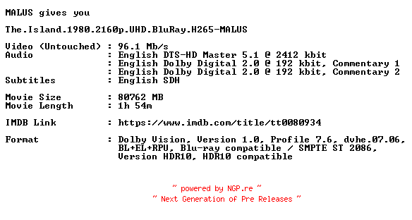 NFO for the release The.Island.1980.2160p.UHD.BluRay.H265-MALUS by MALUS