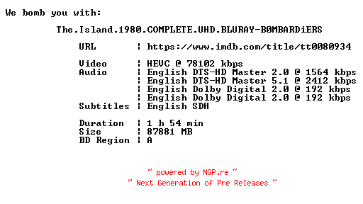 NFO for the release The.Island.1980.COMPLETE.UHD.BLURAY-B0MBARDiERS by B0MBARDiERS