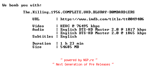 NFO for the release The.Killing.1956.COMPLETE.UHD.BLURAY-B0MBARDiERS by B0MBARDiERS