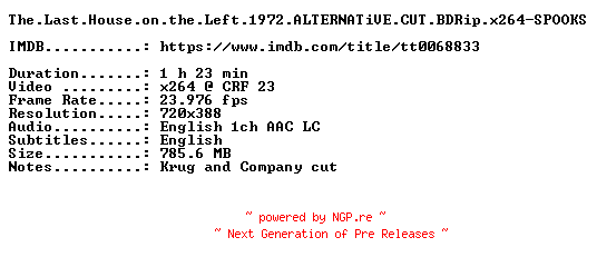 NFO for the release The.Last.House.on.the.Left.1972.ALTERNATiVE.CUT.BDRip.x264-SPOOKS by SPOOKS