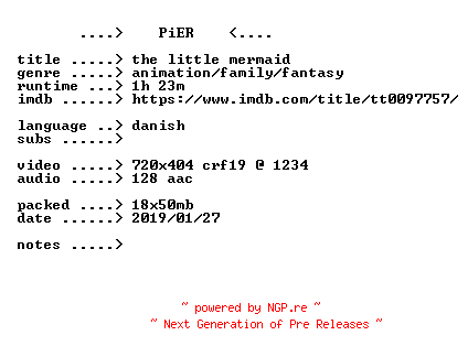 NFO for the release The.Little.Mermaid.1989.DANiSH.BDRip.x264-PiER by PiER