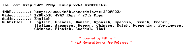 NFO for the release The.Lost.City.2022.720p.BluRay.x264-CiNEPHiLiA by CiNEPHiLiA