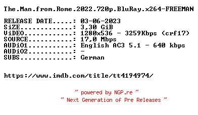 NFO for the release The.Man.from.Rome.2022.720p.BluRay.x264-FREEMAN by FREEMAN
