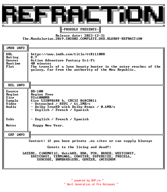NFO for the release The.Mandalorian.2019.S02D02.COMPLETE.UHD.BLURAY-REFRACTiON by REFRACTiON