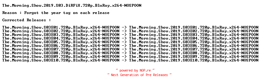 NFO for the release The.Morning.Show.2019.S03.DiRFiX.720p.BluRay.x264-NOSPOON by NOSPOON