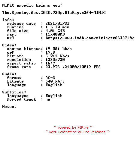 NFO for the release The.Opening.Act.2020.720p.BluRay.x264-MiMiC by MiMiC