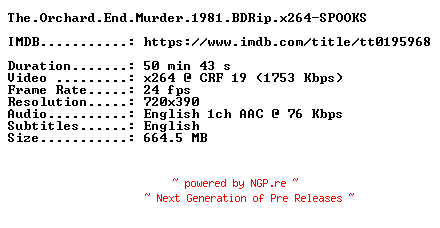 NFO for the release The.Orchard.End.Murder.1981.BDRip.x264-SPOOKS by SPOOKS