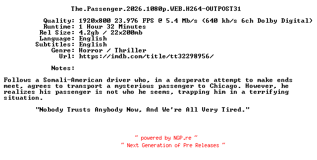 NFO for the release The.Passenger.2026.1080p.WEB.H264-OUTPOST31 by OUTPOST31