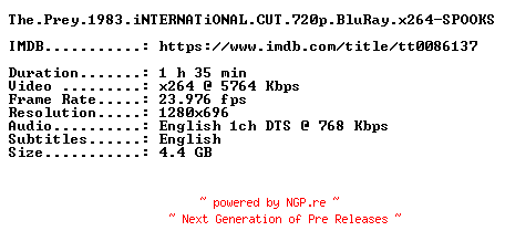 NFO for the release The.Prey.1983.iNTERNATiONAL.CUT.720p.BluRay.x264-SPOOKS by SPOOKS