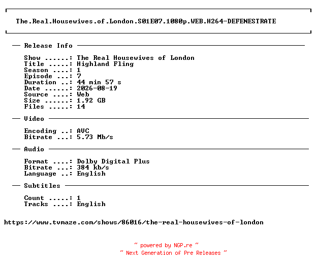NFO for the release The.Real.Housewives.of.London.S01E07.1080p.WEB.H264-DEFENESTRATE by DEFENESTRATE