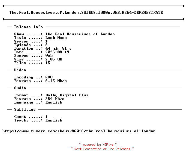 NFO for the release The.Real.Housewives.of.London.S01E08.1080p.WEB.H264-DEFENESTRATE by DEFENESTRATE