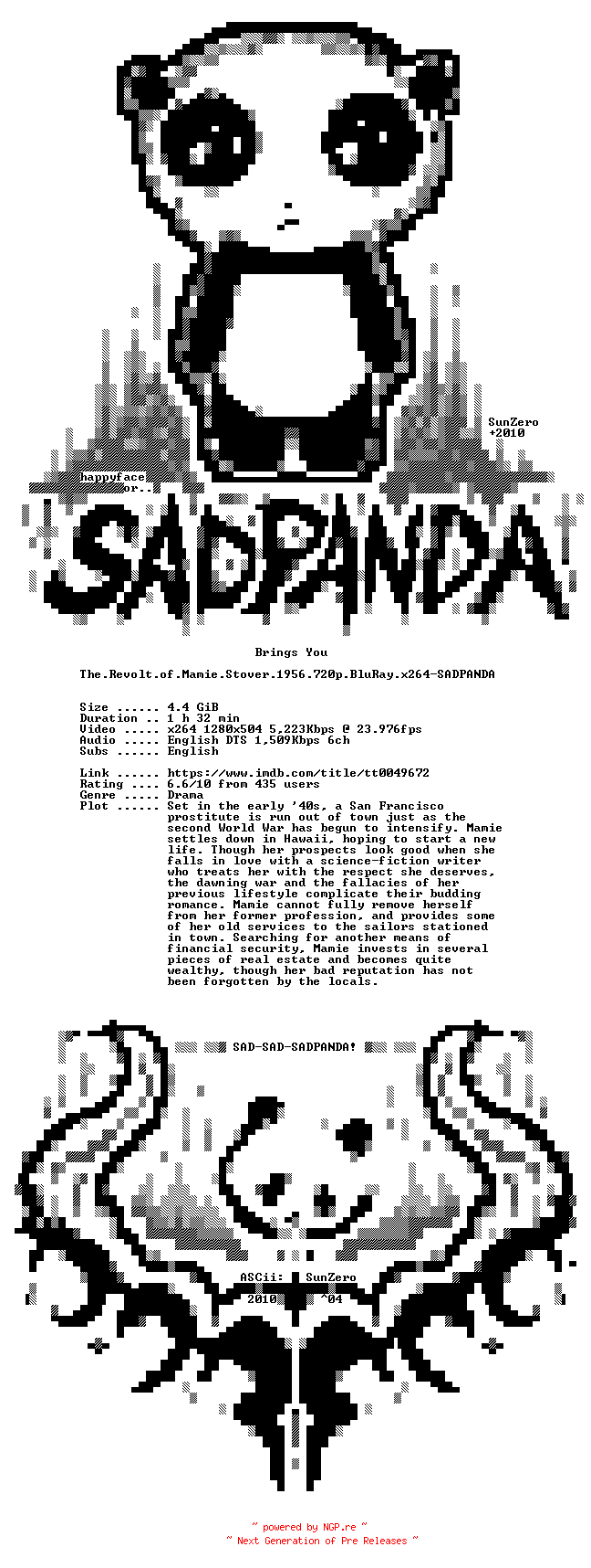 NFO for the release The.Revolt.of.Mamie.Stover.1956.720p.BluRay.x264-SADPANDA by SADPANDA