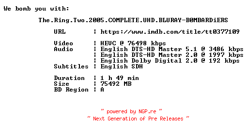 NFO for the release The.Ring.Two.2005.COMPLETE.UHD.BLURAY-B0MBARDiERS by B0MBARDiERS