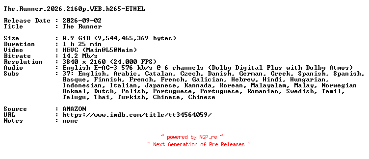 NFO for the release The.Runner.2026.2160p.WEB.h265-ETHEL by ETHEL