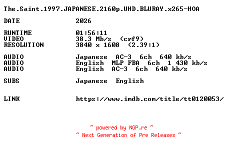 NFO for the release The.Saint.1997.JAPANESE.2160p.UHD.BLURAY.x265-HOA by HOA