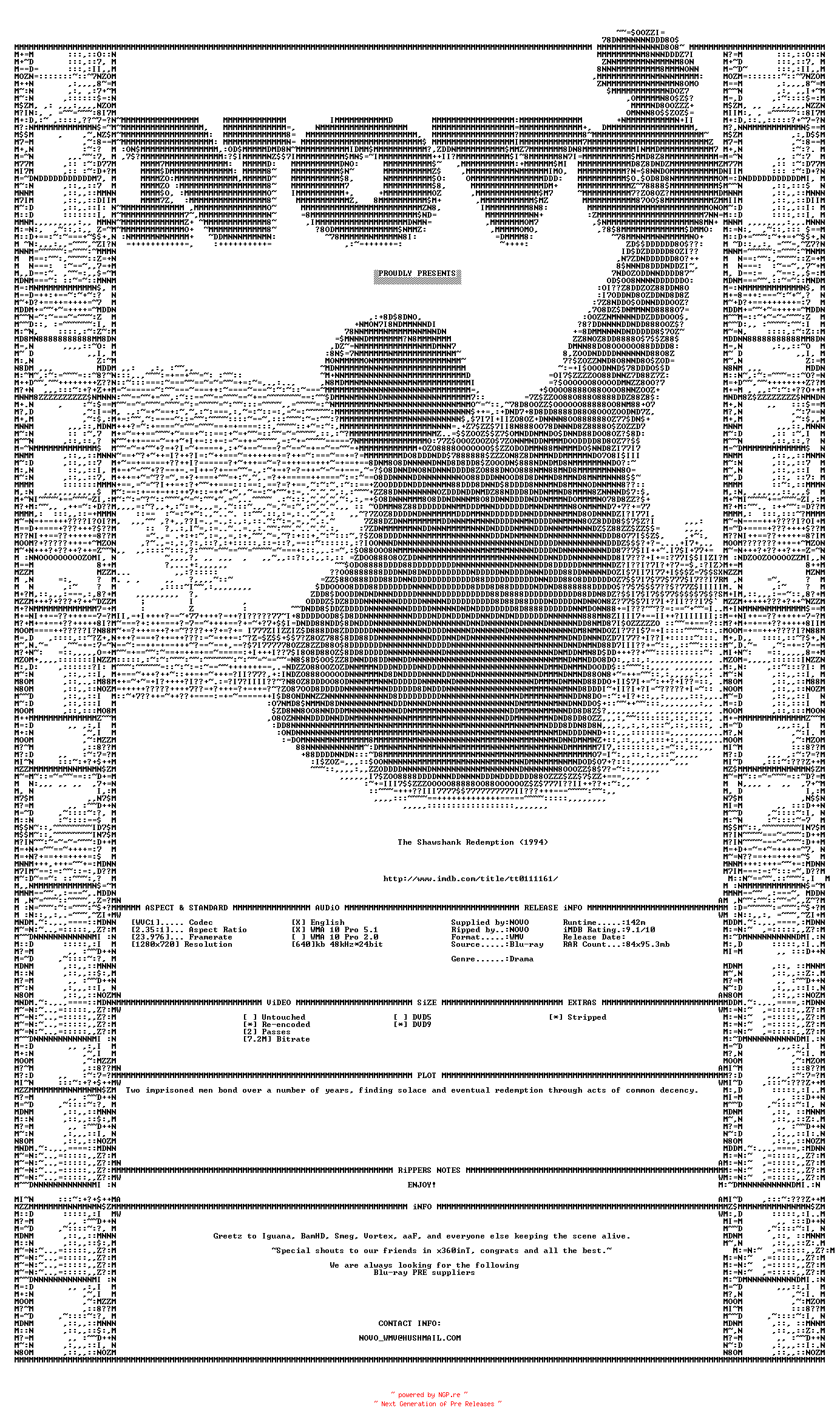 NFO for the release The.Shawshank.Redemption.1994.Bluray.720P.VC1.5.1.WMV-NOVO by NOVO
