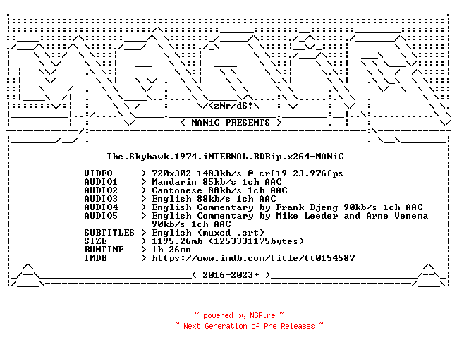 NFO for the release The.Skyhawk.1974.iNTERNAL.BDRip.x264-MANiC by MANiC
