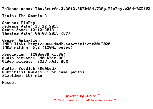 NFO for the release The.Smurfs.2.2013.SWEDiSH.720p.BluRay.x264-RCDiVX by RCDiVX