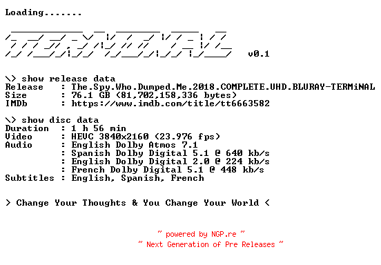 NFO for the release The.Spy.Who.Dumped.Me.2018.COMPLETE.UHD.BLURAY-TERMiNAL by TERMiNAL