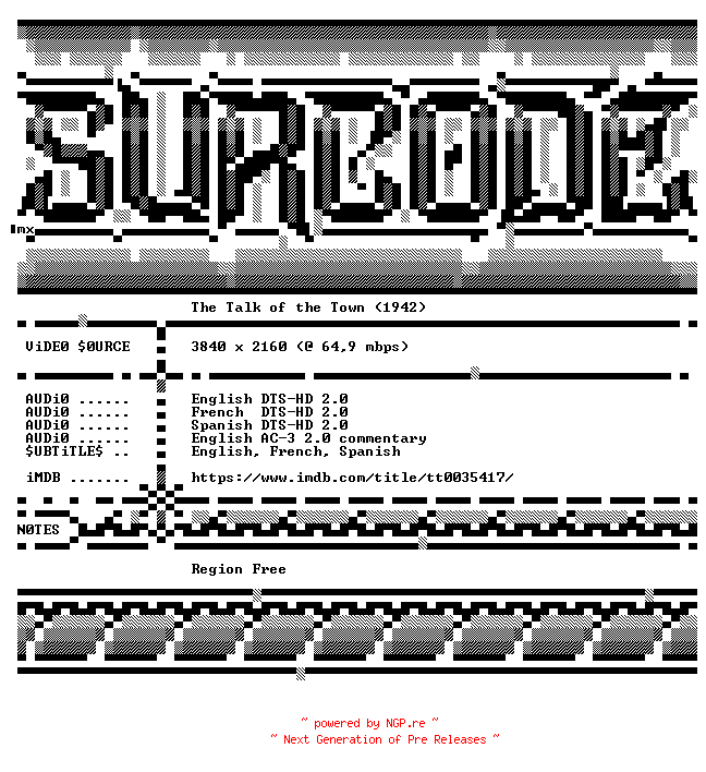 NFO for the release The.Talk.of.the.Town.1942.COMPLETE.UHD.BLURAY-SURCODE by SURCODE