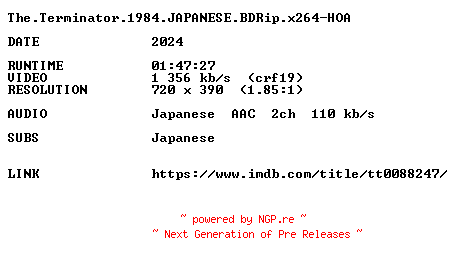 NFO for the release The.Terminator.1984.JAPANESE.BDRip.x264-HOA by HOA