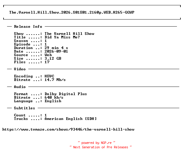 NFO for the release The.Varnell.Hill.Show.2026.S01E01.2160p.WEB.H265-GGWP by GGWP