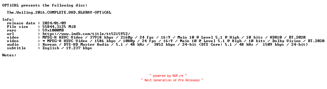 NFO for the release The.Wailing.2016.COMPLETE.UHD.BLURAY-OPTiCAL by OPTiCAL