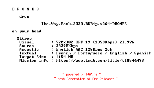 NFO for the release The.Way.Back.2020.BDRip.x264-DRONES by DRONES