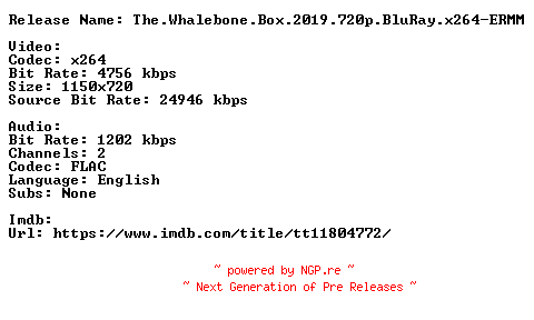 NFO for the release The.Whalebone.Box.2019.720p.BluRay.x264-ERMM by ERMM