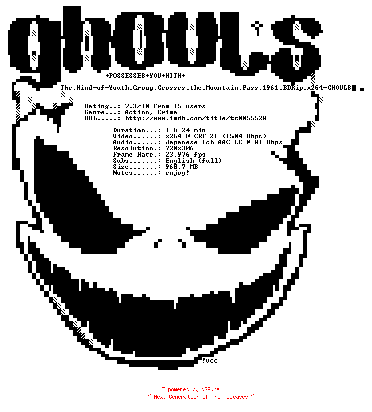 NFO for the release The.Wind-of-Youth.Group.Crosses.the.Mountain.Pass.1961.BDRip.x264-GHOULS by GHOULS