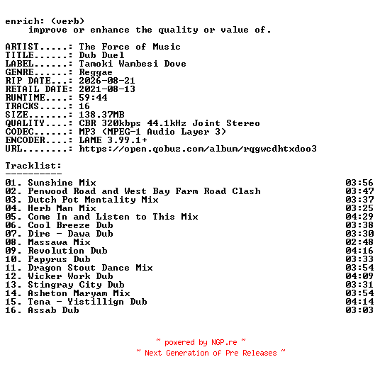 NFO for the release The_Force_of_Music-Dub_Duel-WEB-2021-ENRiCH by ENRiCH