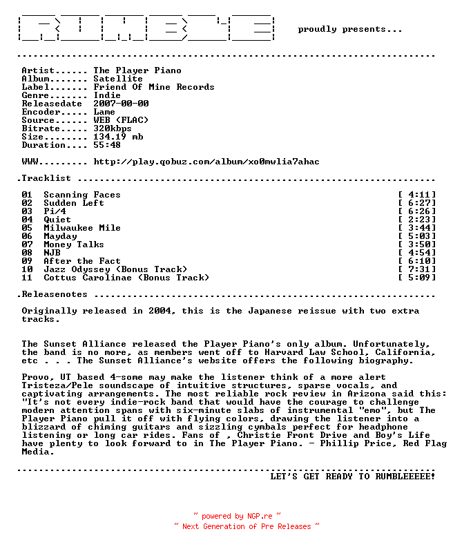 NFO for the release The_Player_Piano-Satellite-Reissue-(WEB)-2007-RUMBLE by RUMBLE