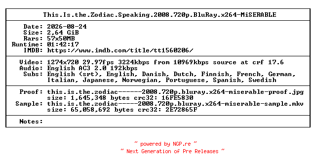 NFO for the release This.Is.the.Zodiac.Speaking.2008.720p.BluRay.x264-MiSERABLE by MiSERABLE