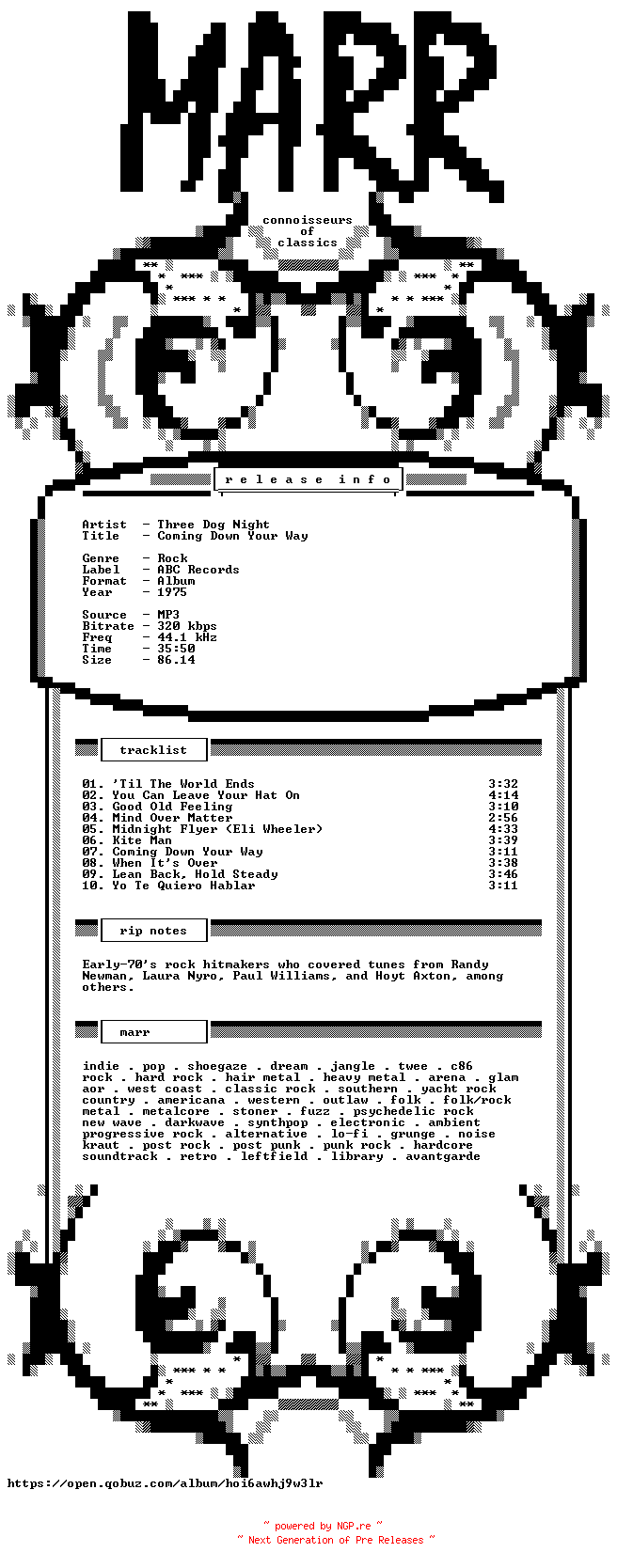 NFO for the release Three_Dog_Night-Coming_Down_Your_Way-WEB-1975-MARR by MARR