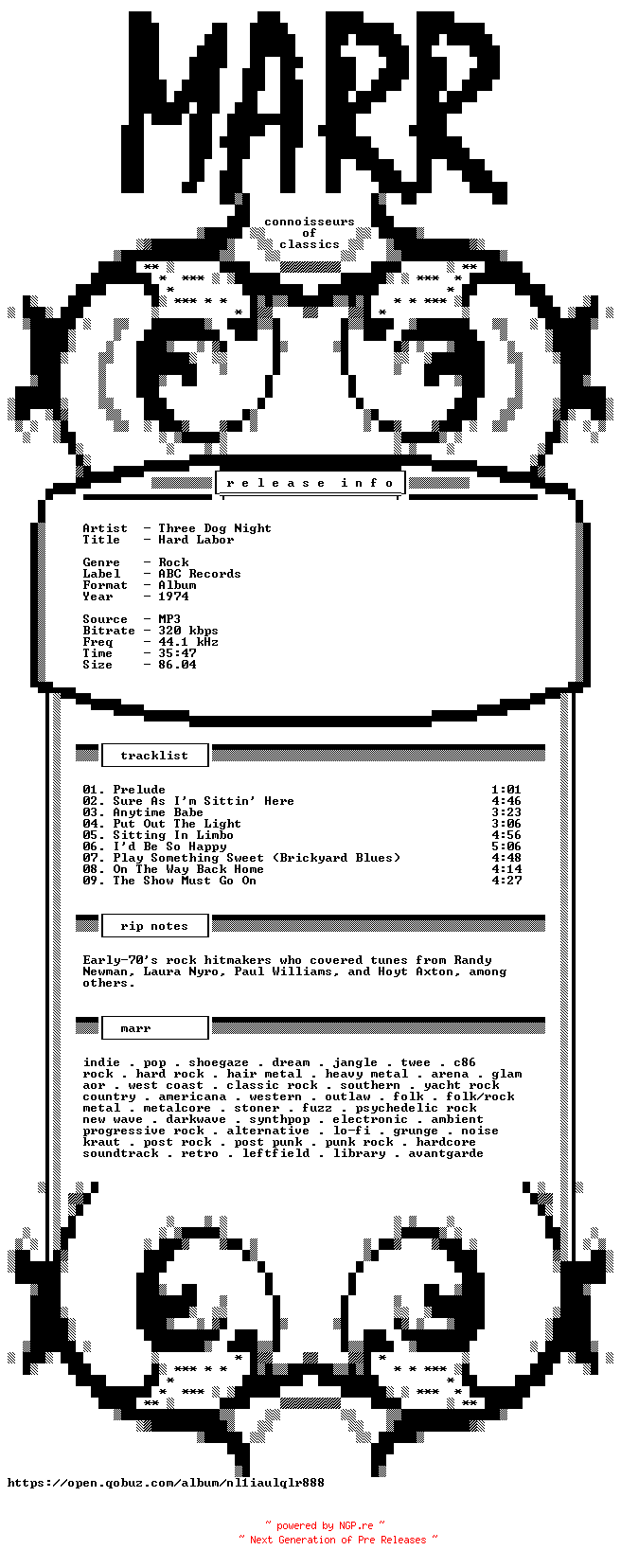 NFO for the release Three_Dog_Night-Hard_Labor-WEB-1974-MARR by MARR