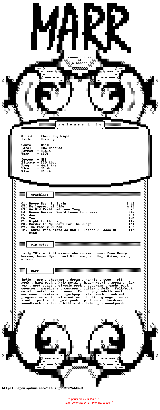 NFO for the release Three_Dog_Night-Harmony-WEB-1971-MARR by MARR