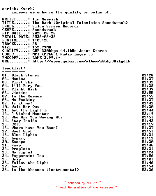NFO for the release Tim_Morrish-The_Dark_(Original_Television_Soundtrack)-OST-WEB-2026-ENRiCH by ENRiCH