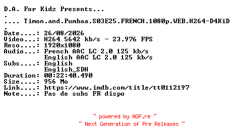 NFO for the release Timon.and.Pumbaa.S03E25.FRENCH.1080p.WEB.H264-D4KiD by D4KiD